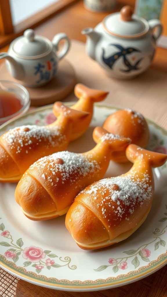 A collection of Bake Kujira pastries shaped like whales on a plate, surrounded by a Japanese tea set.